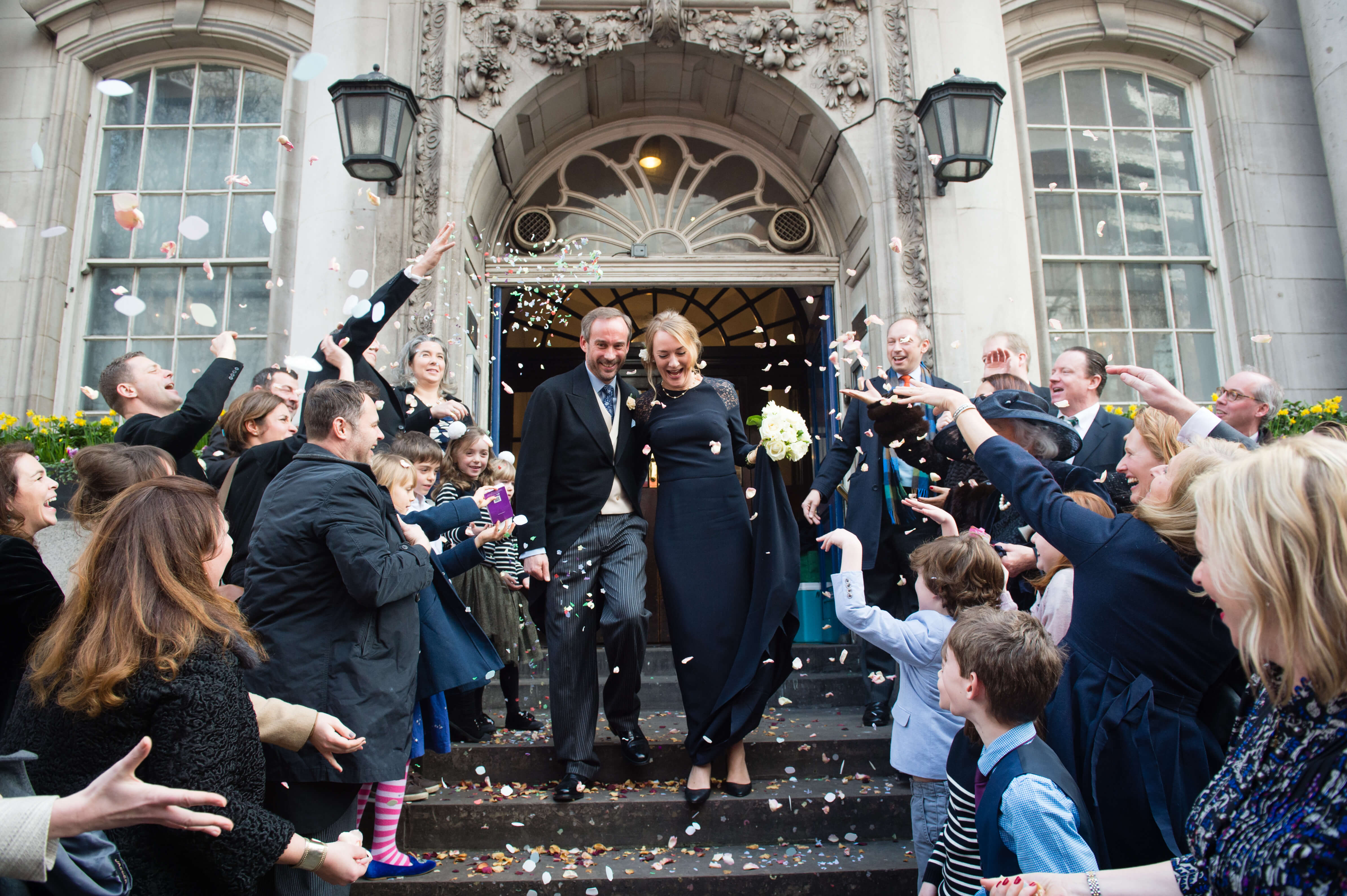 confetti on the steps at chelsea old town hall in london